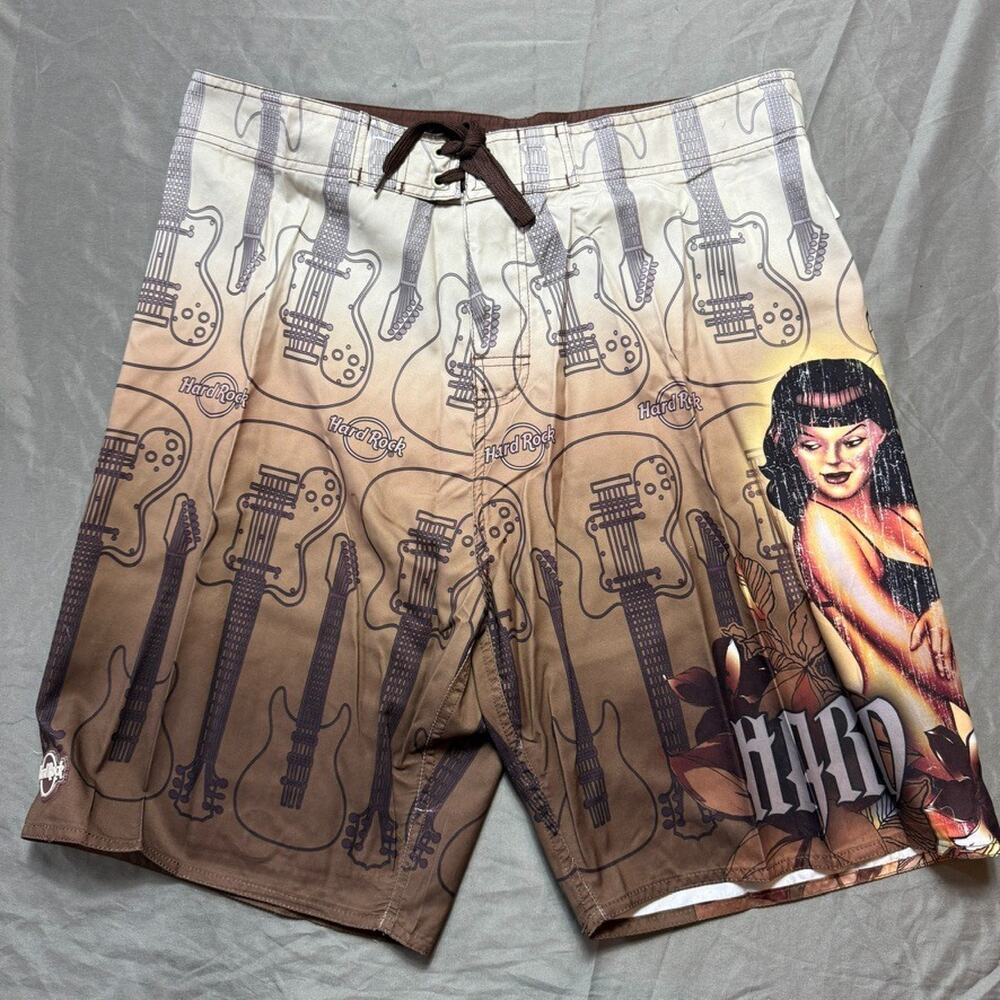 Hard Rock Boardshorts Mens 36 Brown Vintage Pinup Girl Guitar Swim Trunks Beach